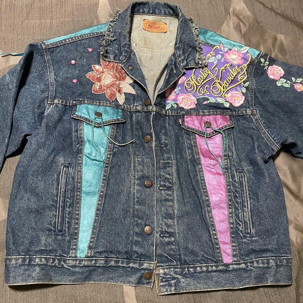 Vintage Levis Denim Jean Jacket XL 80s Harley Davidson Hand painted Unique